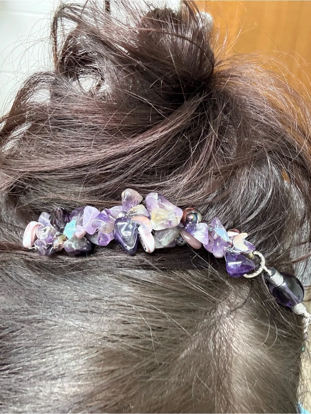 Handmade Wire Wrapped Amethyst Crystal Hair Comb with Dangle Charms
